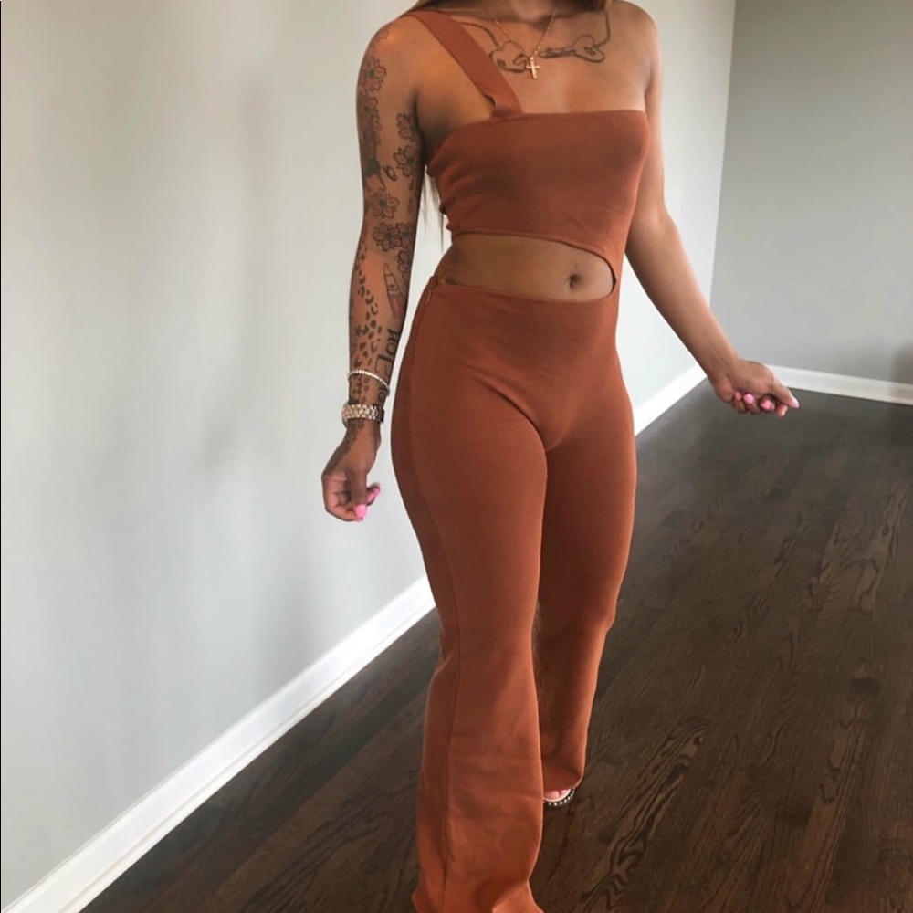 Brown Cut Out Bell Bottom Jumpsuit